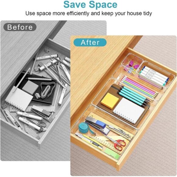 Clear Drawer Organizer Set 12 Plastic Storage Bins Kitchen Bathroom Desk - Picture 3 of 7